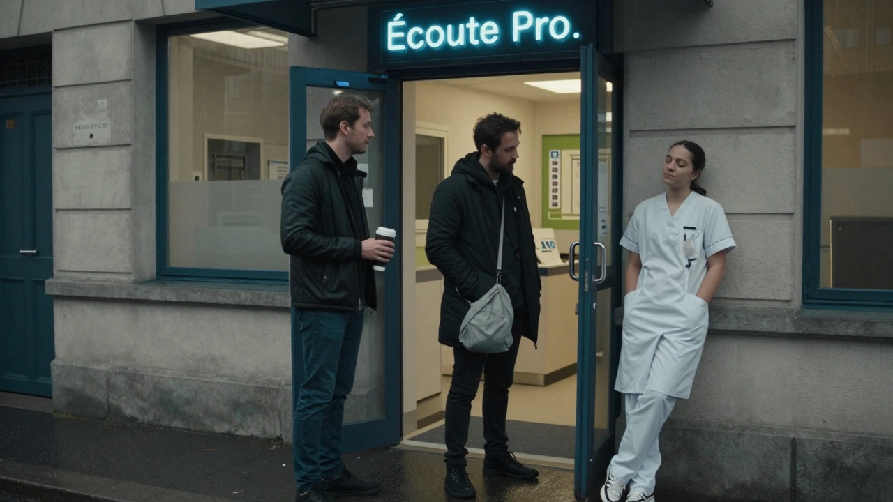 A mobile crisis team brings coffee to a exhausted nurse outside a clinic in the rain.