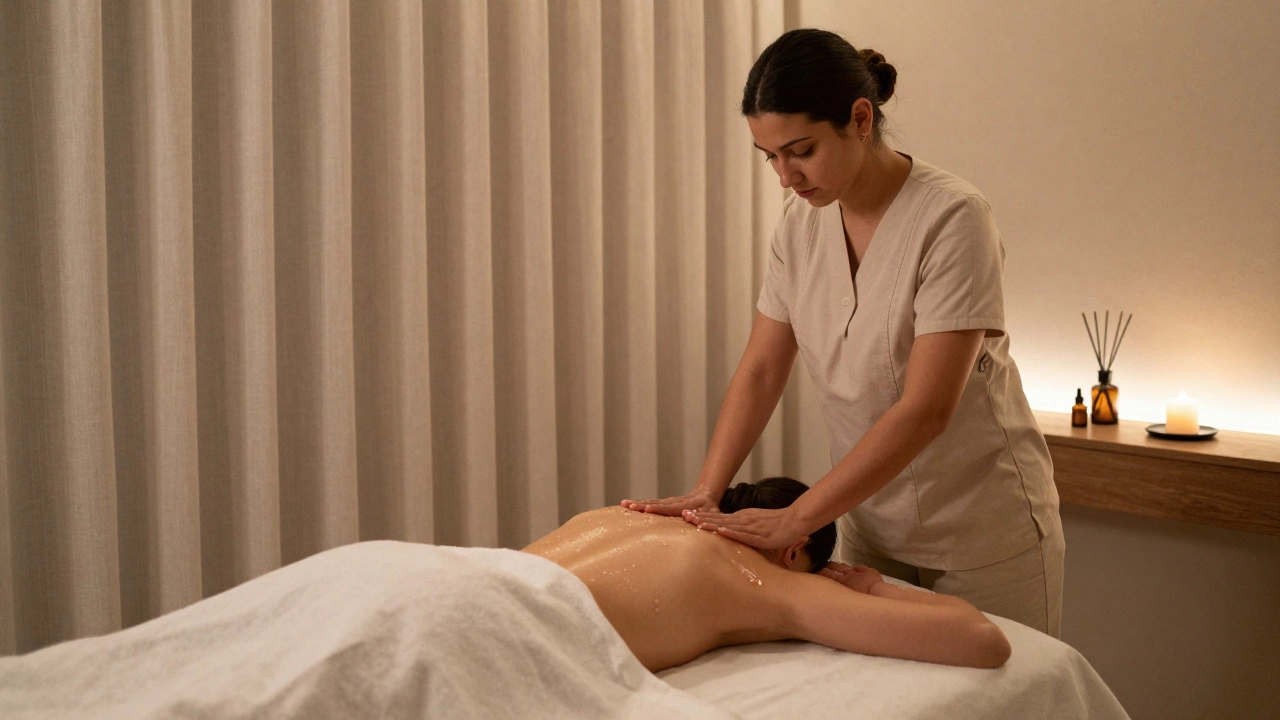A professional massage session in a tranquil spa setting, focused on relaxation and therapeutic touch.