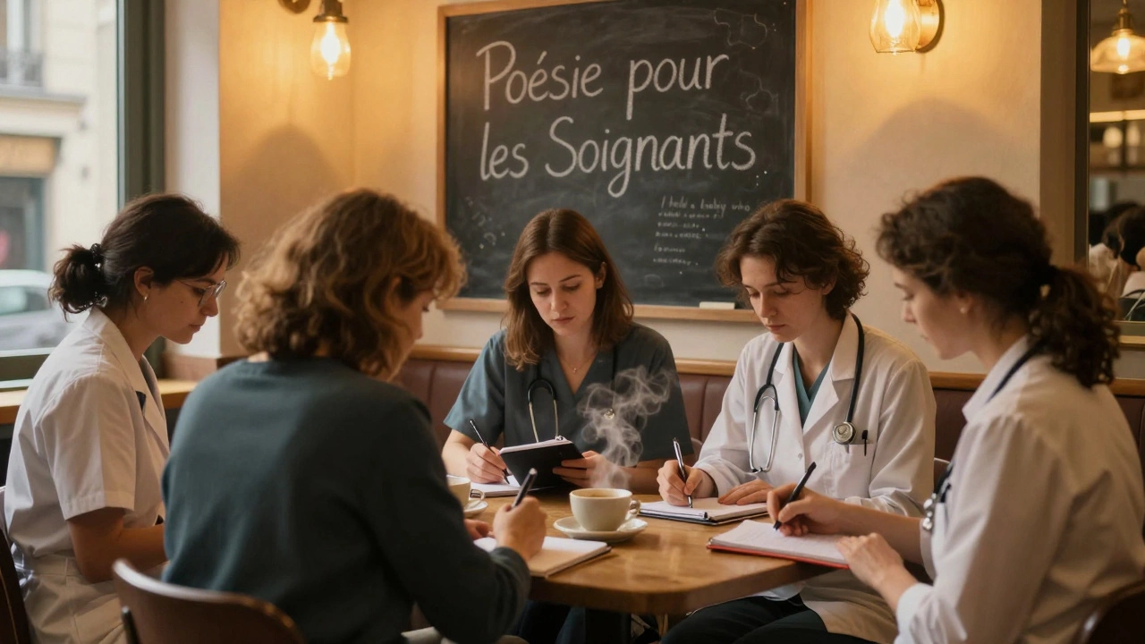 Healthcare workers sharing a quiet poetry night at a cozy café, writing in notebooks under warm lights.