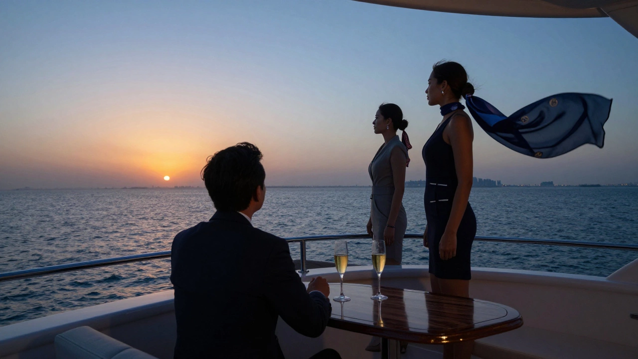 Two individuals on a private yacht at dusk, enjoying the horizon together in calm companionship.